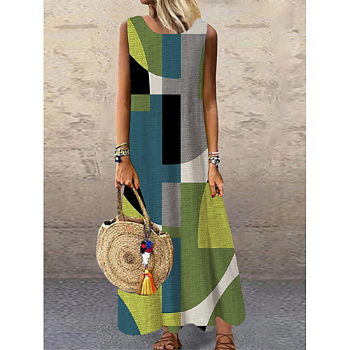 

Women's Shift Dress Maxi long Dress Light Green Sleeveless Geometric Print Summer Round Neck Elegant 2021 S M L XL XXL 3XL
