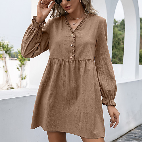 

Women's A Line Dress Short Mini Dress caramel Blushing Pink khaki Green Black Brown Long Sleeve Solid Color Summer Casual 2021 S M L XL