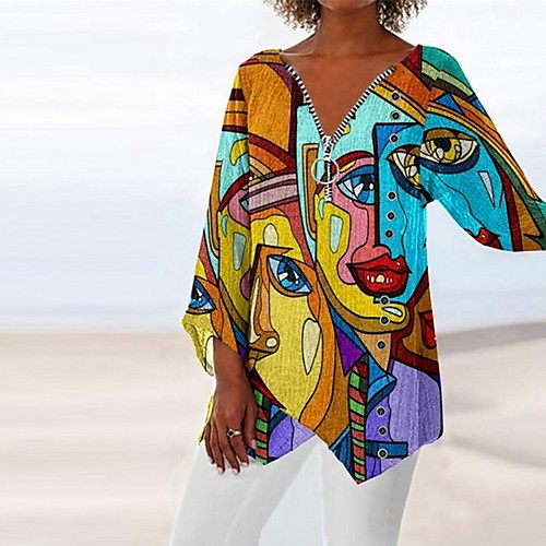 

Women's Plus Size Portrait Blouse Graphic Long Sleeve Zipper Print V Neck Casual Tops Blue Khaki White