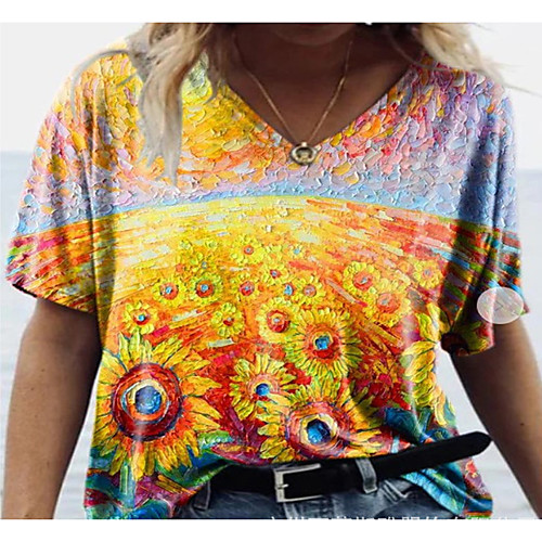 

Women's Floral Theme Abstract Painting T shirt Floral Sunflower Print V Neck Basic Tops Blue Yellow Orange