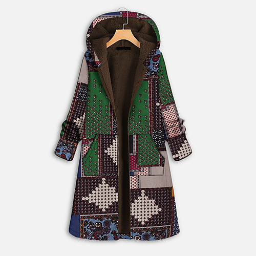 

Women's Coat Daily Wear Fall Winter Long Coat V Neck Regular Fit Casual Jacket Pattern Zipper Green Red / Spring / Cotton