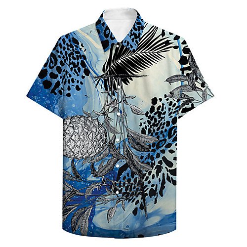 

Men's Shirt 3D Print Pineapple Leaves Plus Size 3D Print Button-Down Short Sleeve Casual Tops Casual Fashion Breathable Comfortable Blue / Sports