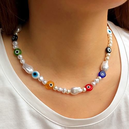 

Women's Beaded Necklace Necklace Beads Eyes Basic Fashion Baroque European Imitation Pearl Glass Alloy Blue Yellow Rainbow White 40 cm Necklace Jewelry 1pc For Gift Prom Birthday Party Beach Festival