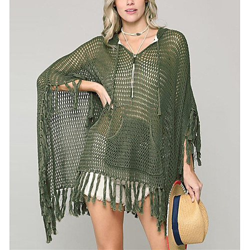 

Women's Cover Up Beach Dress Swimsuit Tassel Fringe Solid Color ArmyGreen Swimwear Bathing Suits New / Padless