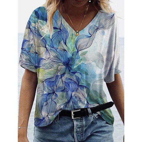 

Women's Floral Theme Painting T shirt Floral Graphic Print V Neck Basic Tops Blue Yellow Blushing Pink