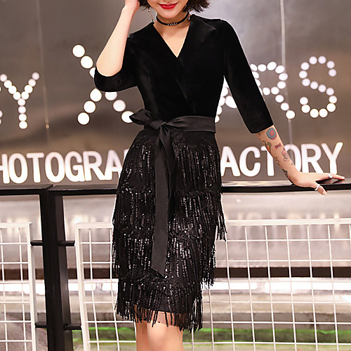 

Sheath / Column Glittering Elegant Party Wear Cocktail Party Dress V Neck Half Sleeve Knee Length Sequined Velvet with Sequin Tassel 2021