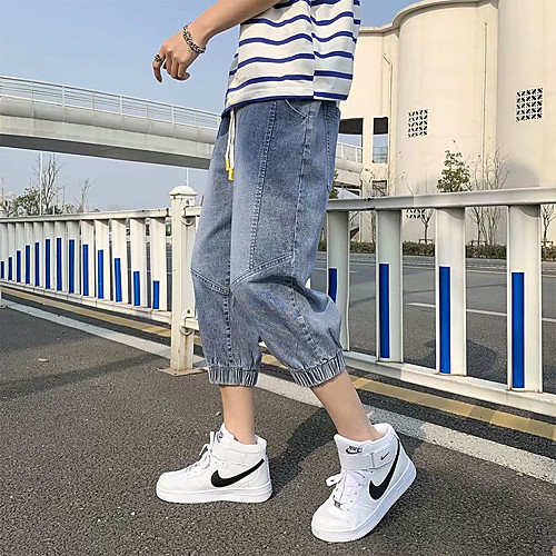

Men's Stylish Sporty Casual / Sporty Streetwear Comfort Daily Sports Pants Jeans Trousers Pants Solid Color Full Length Pocket Black Light Blue