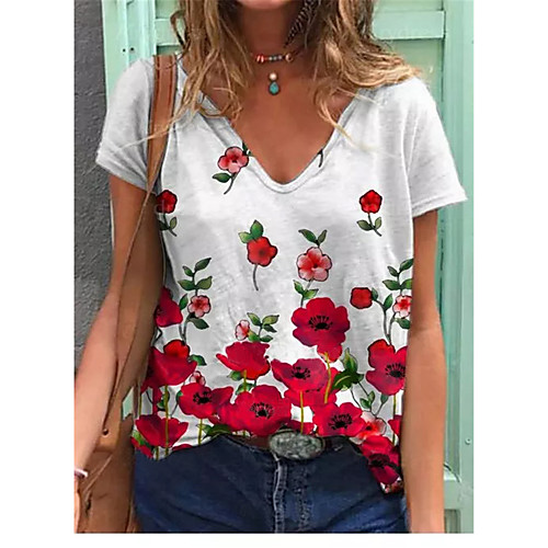 

Women's T shirt Floral Plants V Neck Basic Tops White