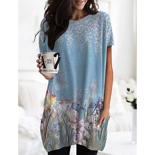 

Women's Floral Theme Painting T shirt Floral Graphic Pocket Print Round Neck Basic Tops Blue