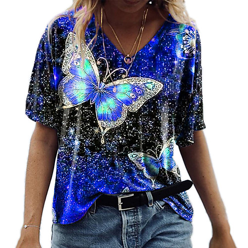 

Women's T shirt Butterfly Print V Neck Basic Tops Blue Purple Yellow