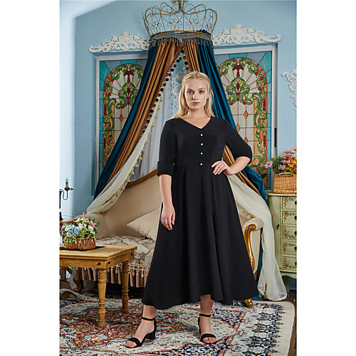 

A-Line Little Black Dress Plus Size Party Wear Prom Dress V Neck Half Sleeve Tea Length Stretch Fabric with Buttons Pleats 2021