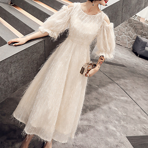 

A-Line Minimalist Elegant Party Wear Cocktail Party Dress Jewel Neck Half Sleeve Tea Length Tulle with Feather Pleats 2021