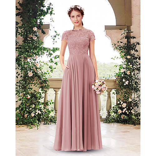 

A-Line Jewel Neck Floor Length Chiffon / Lace Bridesmaid Dress with Pleats