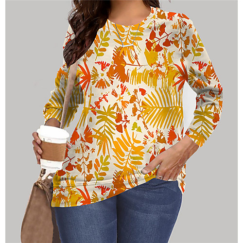 

Women's Plus Size Tops Sweatshirt Graphic Leaf Print Long Sleeve Crewneck Basic Yellow Big Size XL XXL 3XL 4XL 5XL