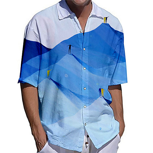 

Men's Shirt 3D Print Color Block Plus Size 3D Print Button-Down Short Sleeve Casual Tops Casual Fashion Breathable Comfortable Blue / Sports