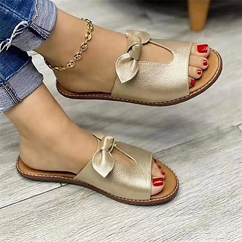 

Women's Sandals Flat Heel Round Toe PU Bowknot Flower Solid Colored Pink Gold Black