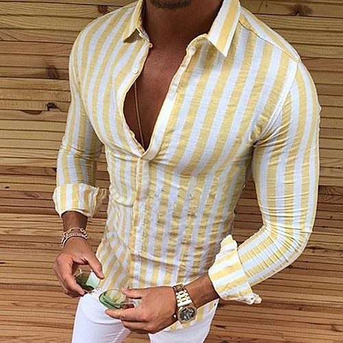 

Men's Shirt Striped Button-Down Long Sleeve Casual Tops Cotton Casual Fashion Breathable Comfortable Beige