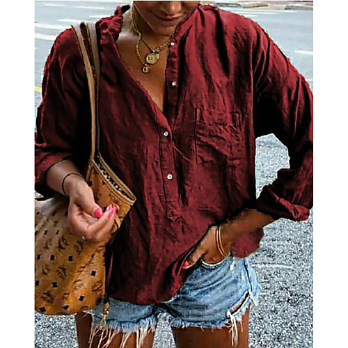 

Women's Blouse Shirt Plain Long Sleeve Pocket Button V Neck Basic Streetwear Tops White Blue Wine