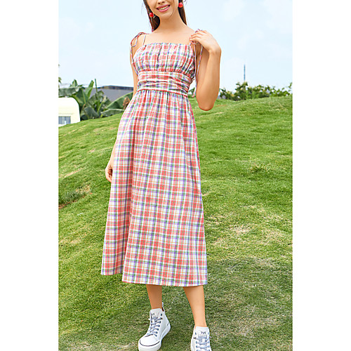 

Women's Strap Dress Midi Dress Blushing Pink Sleeveless Plaid Print Fall Summer Boat Neck Casual Holiday 2021 XS S M L / Cotton / Cotton