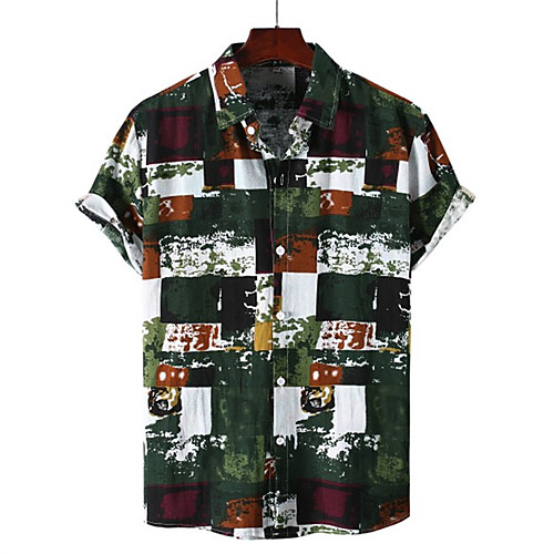 

Men's Shirt Graphic Short Sleeve Casual Tops Fashion Tropical Beach Button Down Collar Army Green