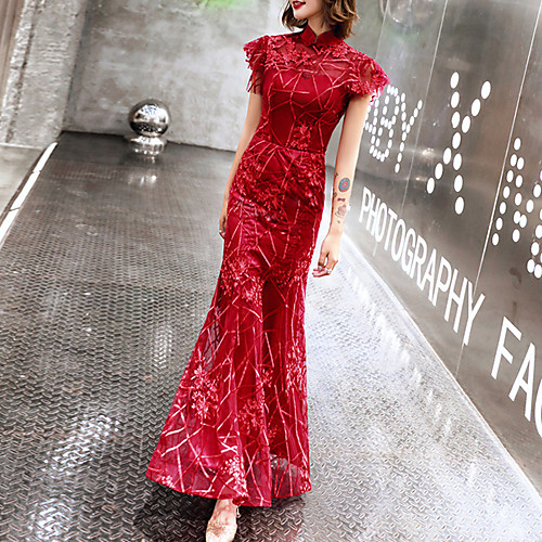 

Mermaid / Trumpet Chinese Style Vintage Engagement Formal Evening Dress Stand Collar Short Sleeve Floor Length Tulle with Embroidery Pattern / Print 2021