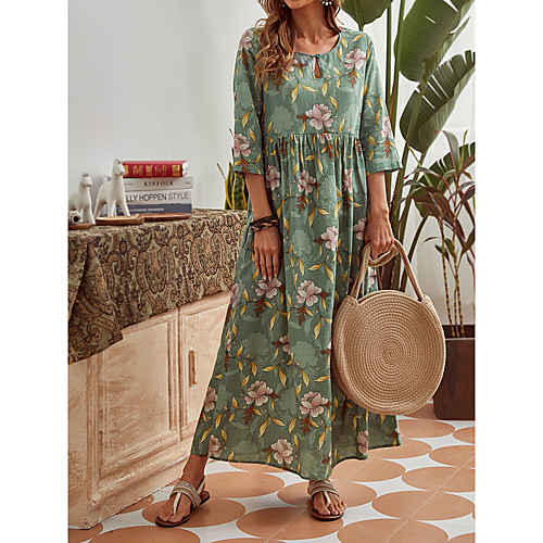 

Women's Swing Dress Maxi long Dress Green Long Sleeve Print Spring Summer Casual S M L XL XXL / Plus Size / Plus Size