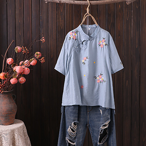 

Women's Plus Size Tops Blouse Shirt Print Short Sleeve Round Neck Light Blue Purple Yellow Big Size XL 2XL 3XL 4XL