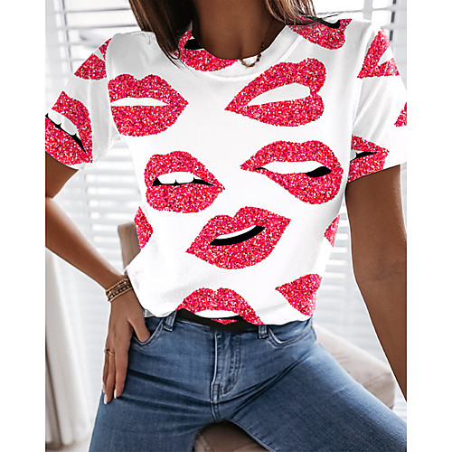 

Women's Painting T shirt Graphic Mouth Print Round Neck Basic Tops Purple Red Orange