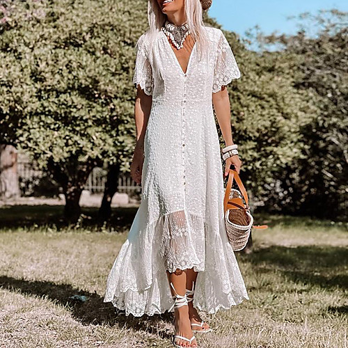 

Women's Swing Dress Maxi long Dress White Half Sleeve Solid Color Spring Summer Casual 2021 S M L XL