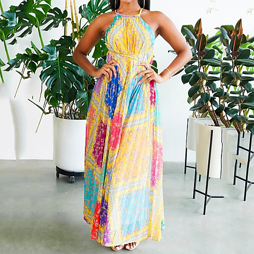 

Women's Swing Dress Maxi long Dress Rainbow Sleeveless Print Geometric Backless Summer Halter Neck Round Neck Casual 2021 S M L XL