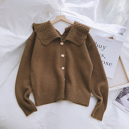 

Women's Solid Color Cardigan Long Sleeve Sweater Cardigans V Neck Milky Apricot Coffee color