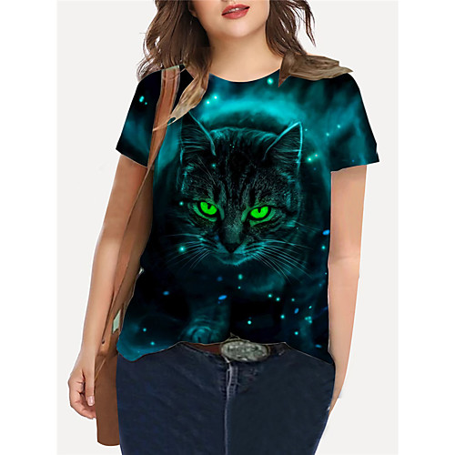 

Women's Plus Size Tops T shirt Cat Graphic Animal Print Short Sleeve Crewneck Basic Summer Blue Green Big Size XL XXL 3XL 4XL 5XL