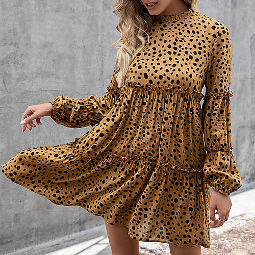

Women's Loose Short Mini Dress Blue khaki Long Sleeve Dot Spring Summer Casual Loose 2021 S M L XL