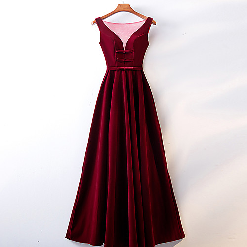 

A-Line Minimalist Elegant Wedding Guest Formal Evening Dress Illusion Neck V Neck Sleeveless Floor Length Velvet with Bow(s) 2021