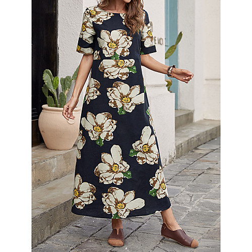 

Women's Swing Dress Maxi long Dress Black Short Sleeve Print Spring Summer Casual Loose 2021 S M L XL XXL