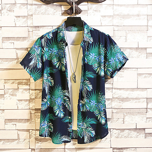 

Men's Shirt Graphic Short Sleeve Casual Tops Fashion Beach Button Down Collar White Navy Blue