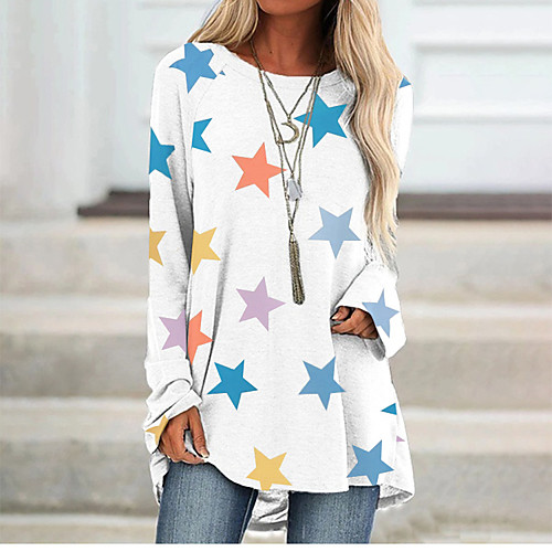 

Women's Geometric Painting T shirt Color Block Geometric Long Sleeve Print Round Neck Basic Tops Blue Blushing Pink White