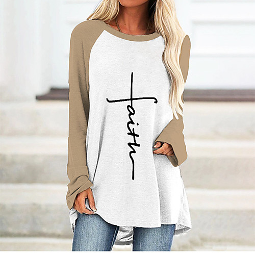 

Women's Painting T shirt Color Block Text Long Sleeve Patchwork Print Round Neck Basic Tops Blushing Pink Gray Khaki
