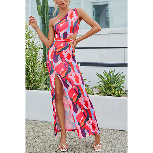 

Women's Sheath Dress Maxi long Dress Red Sleeveless Color Block Print Fall Summer One Shoulder Casual Holiday 2021 XS S M L