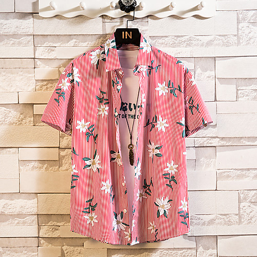 

Men's Unisex Shirt Striped Graphic Short Sleeve Casual Tops Casual Fashion Tropical Blue Red