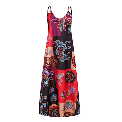 

Women's A Line Dress Maxi long Dress Orange Red Sleeveless Pattern Summer Casual 2021 S M L XL XXL / Cotton / Cotton