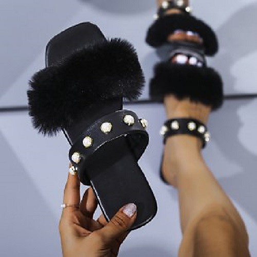 

Women's Sandals Outdoor Slippers Flat Heel Square Toe Faux Fur PU Imitation Pearl Solid Colored Black Beige