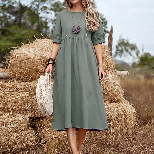 

Women's Swing Dress Midi Dress Green Violet Army Green Short Sleeve Solid Color Spring Summer Casual S M L XL XXL / Plus Size / Plus Size