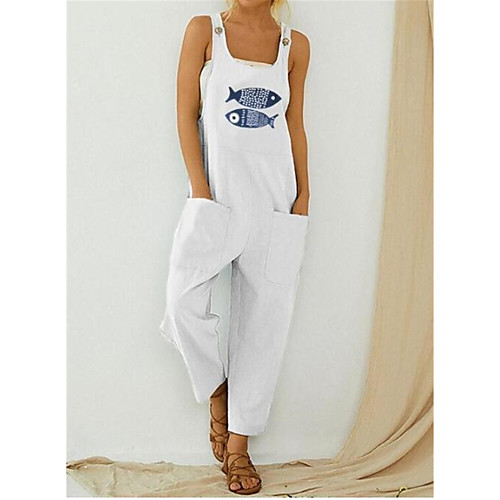 

Women's Ordinary Casual U Neck 2021 White Black Green Jumpsuit Floral Animal Flower Cotton