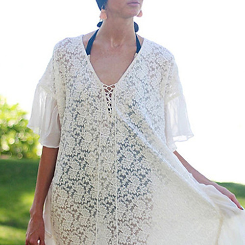 

Women's Cover Up Swim Dress Swimsuit Lace Solid Color White Swimwear Bathing Suits New / Padless / Beach
