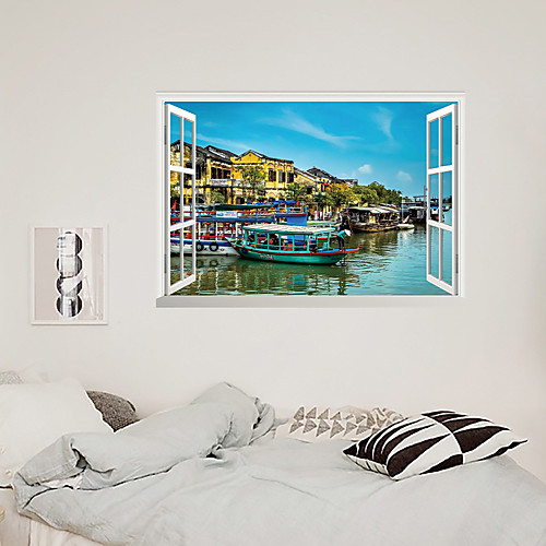 

3D False Window Seaside City Fishing Boat Home Children's Room Background Decoration Can Be Removed Stickers