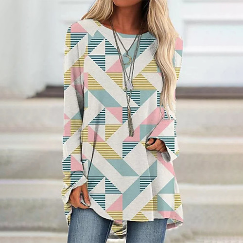 

Women's Geometric Painting T shirt Color Block Geometric Long Sleeve Print Round Neck Basic Tops White