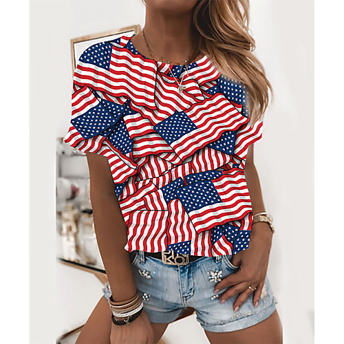 

Women's Painting T shirt Geometric 3D American Flag Print Round Neck Basic Tops Red