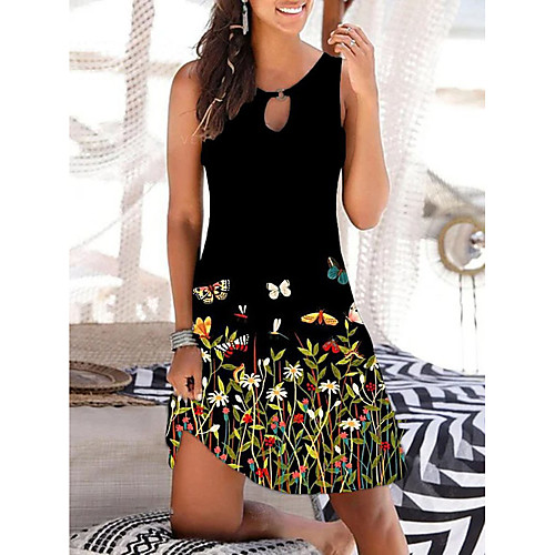 

Women's A Line Dress Knee Length Dress Black flower Black safflower Blue white flower Black yellow flower Purple Sleeveless Floral Animal Print Spring Summer Round Neck Casual Holiday 2021 S M L XL