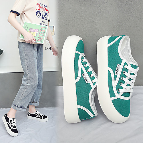 

Women's Sneakers Flat Heel Round Toe Canvas Lace-up Check White Black Green